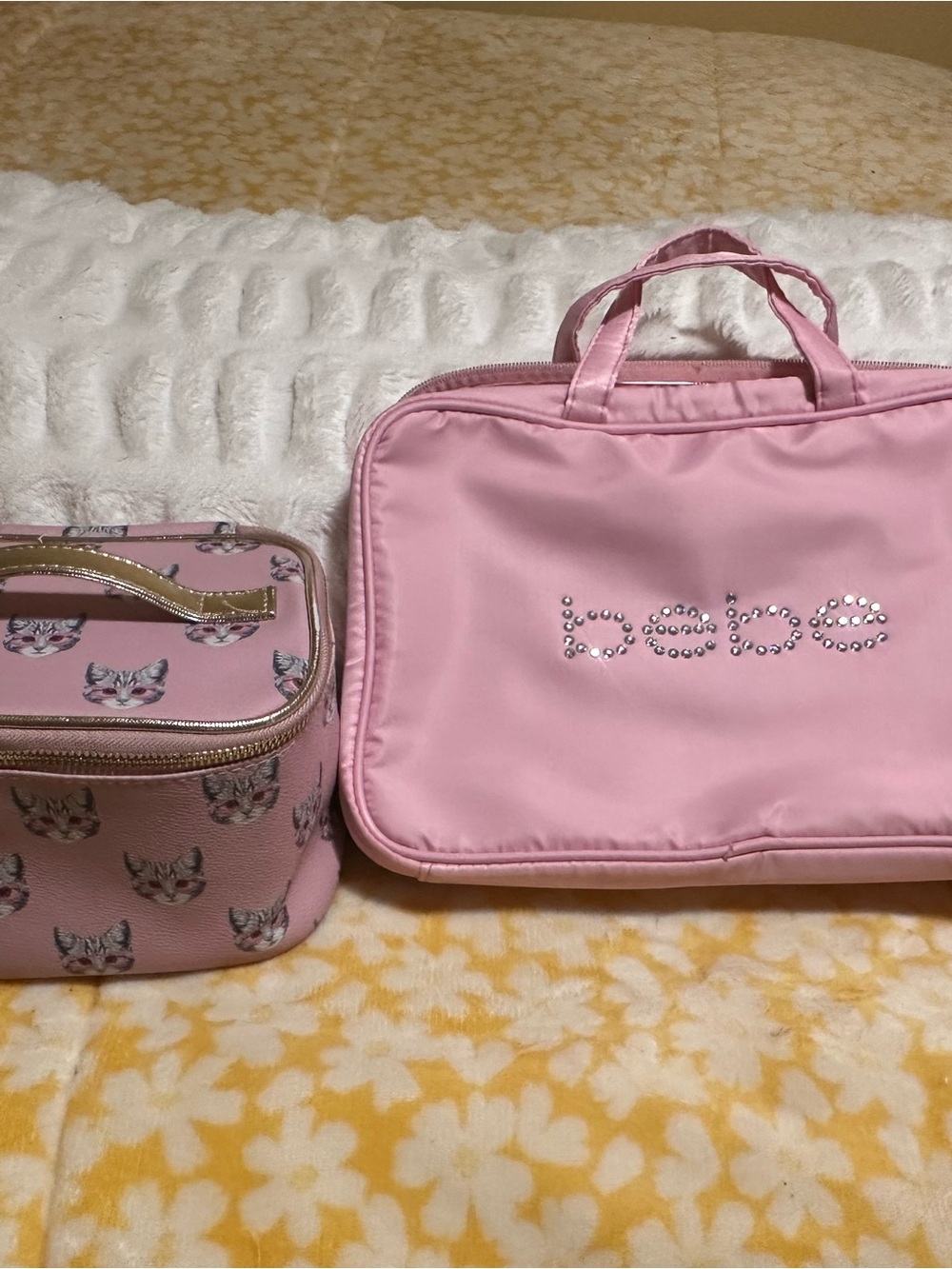bebe Pink Rhinestone Logo Cosmetic Travel Bag Set